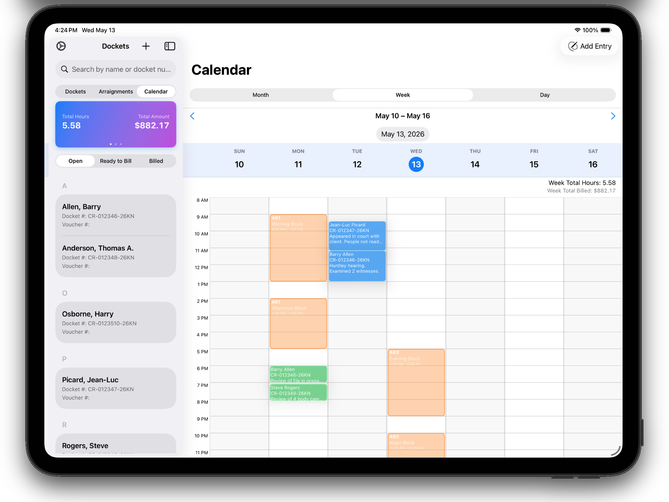 ACP Billing calendar view on iPad