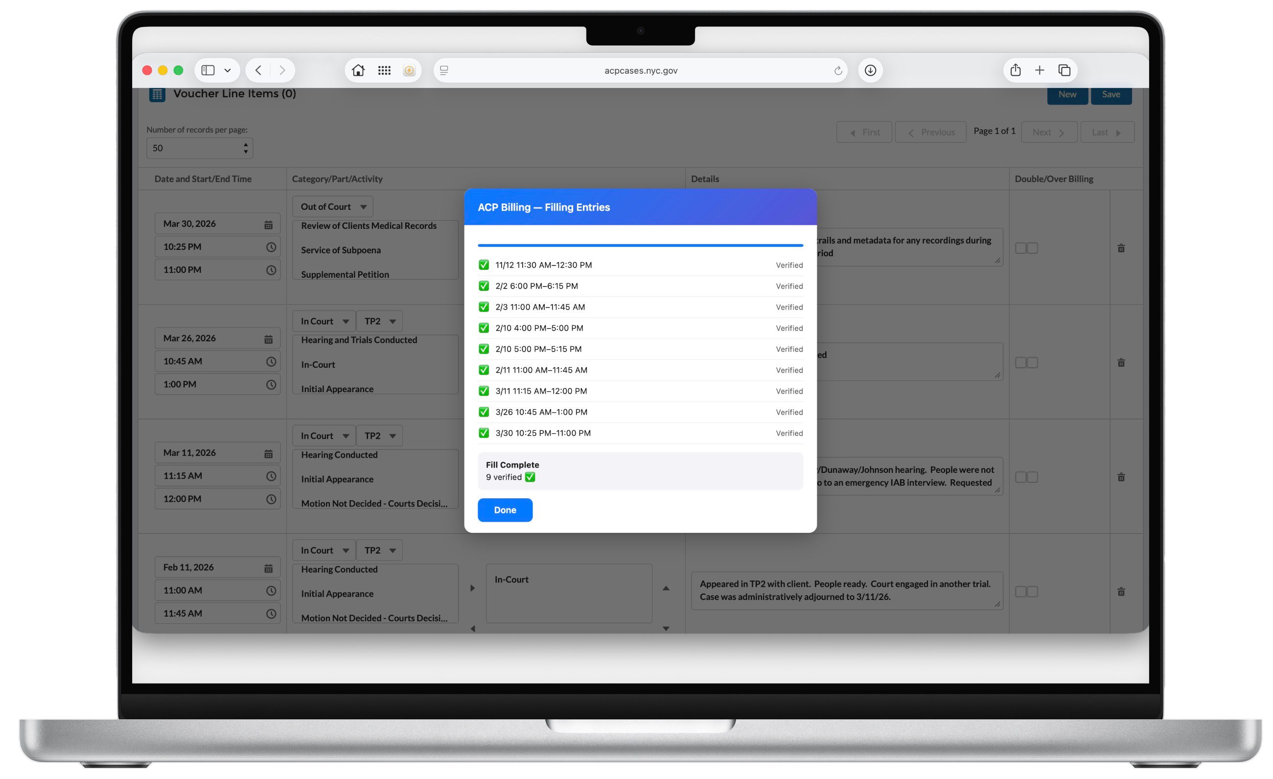 ACP Billing voucher automation shown on a Mac